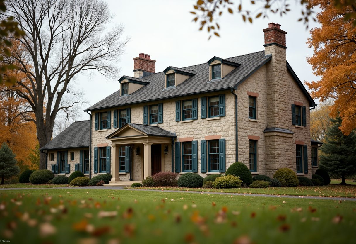 Stately stone colonial home with twin chimneys